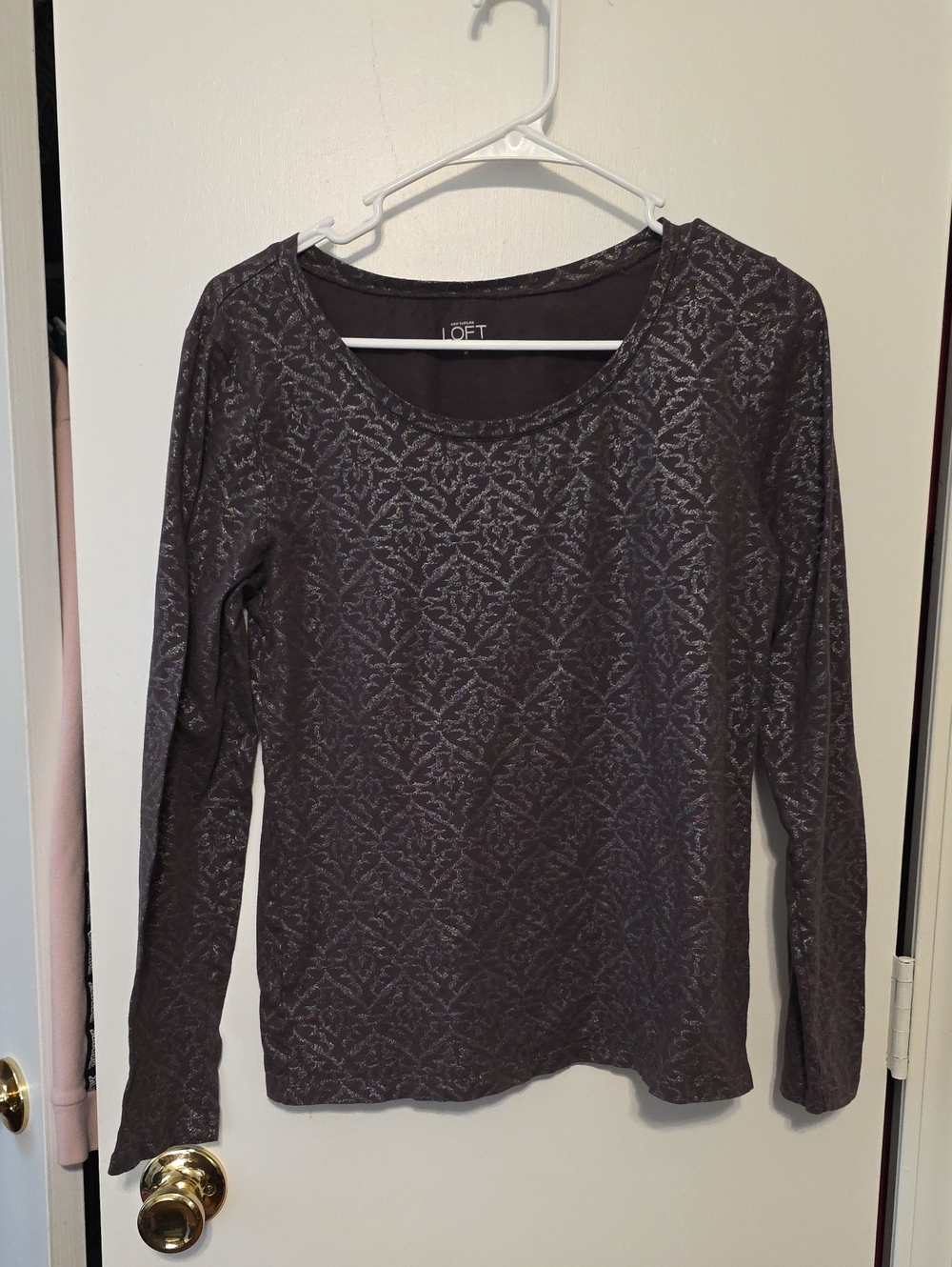LOFT Long-Sleeve Scoop Neck Metallic Pattern Top - Charcoal